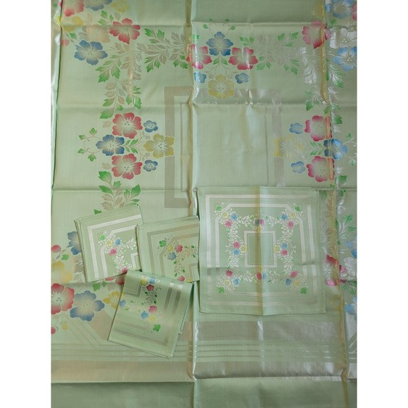Vtg Table Cloth Napkins Set Green Floral Hand Painted Combed Yarns Damask - Picture 8 of 13